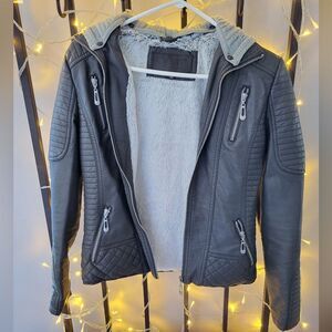 YMI Women's S Faux Leather Jacket With Faux Fur Lining and Removable Knit Hood